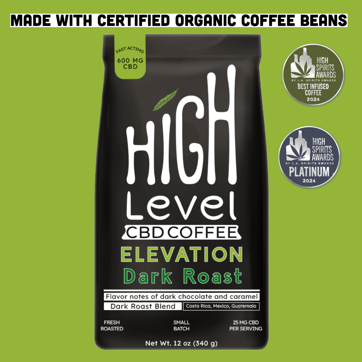 Elevation Dark Roast CBD Coffee bag — dark chocolate and caramel notes